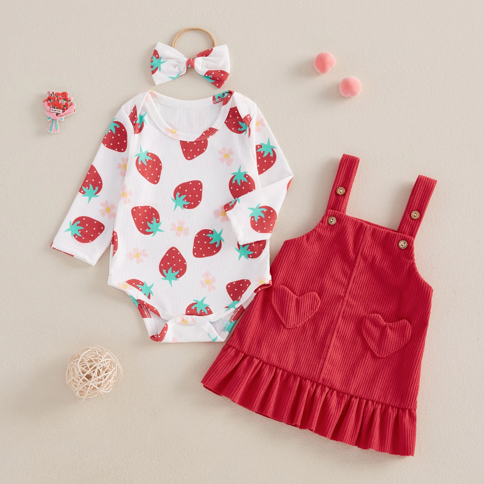 ma&baby 3-24M Newborn Baby Girl Clothes Set Infant Toddler Strawberry Clover Romper Corduroy Skirt Headband Fall Outfit