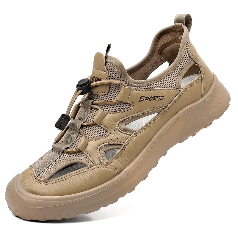 

Дышащая пляжная обувь с эластичной лентой для мужчин, новинка лета 2024, дизайнерская сетчатая обувь, мужские однотонные кожаные сандалии, мужские сандалии