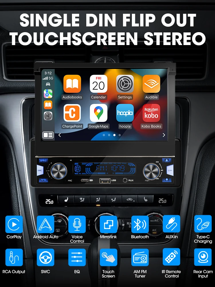 1DIN 7-Zoll MP5 Autoradio-Player FM AM RDS Automatisch Einziehbarer IPS-Touchscreen Kabelloses CarPlay Android Auto Autoradio GPS