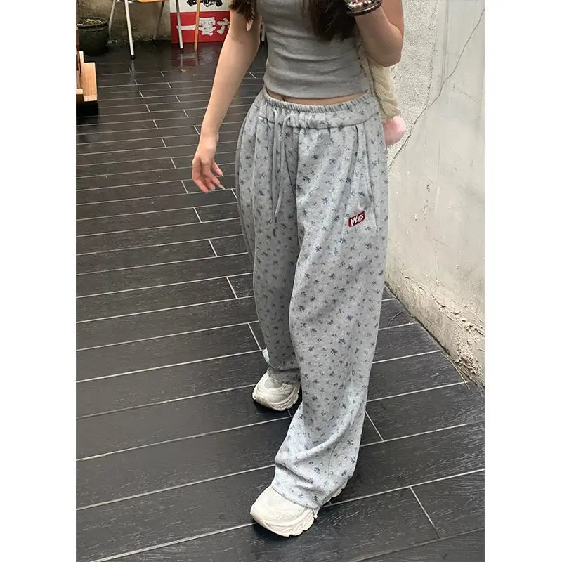 فضفاض السراويل واسعة الساق المرأة عارضة عالية الخصر مستقيم الأمريكية Sle الأزهار طباعة مريحة الخريف الشتاء وصول جديد #2
