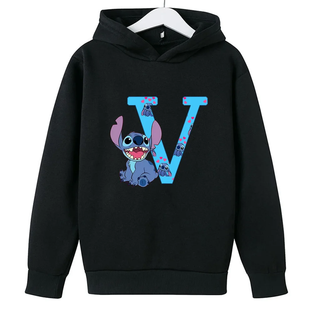 Children Hoodies Stitch Letter ABCD Kawaii Fashion Pullover Sweatshirt Anime Manga Cartoons Girls Boy Kids Casual Clothes Tops