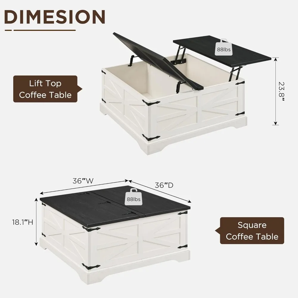 Farmhouse Lift Top Coffee Table with Storage, 36" Wood Square Center Table with Large Hidden Compartment, Rustic Lift Tabletop