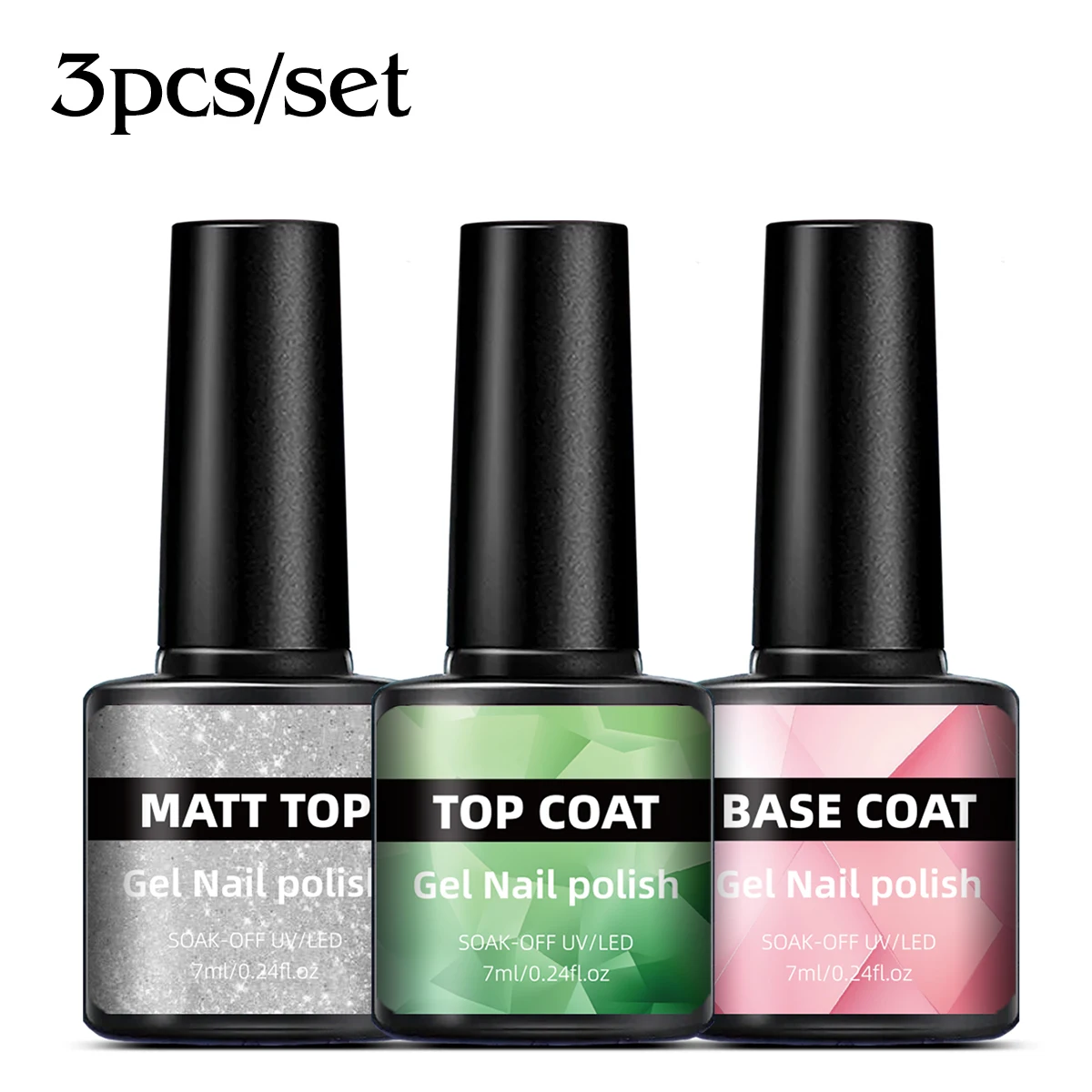 3 pièces/ensemble 7 ml * 3 bouteilles, pack combiné de gel fonctionnel, vernis à ongles gel de base essentiel pour manucure, gel de base, couche de finition brillante, couche de finition mate, pack combiné à trois bouteilles, un article indispensable pour les amateurs d'art des ongles