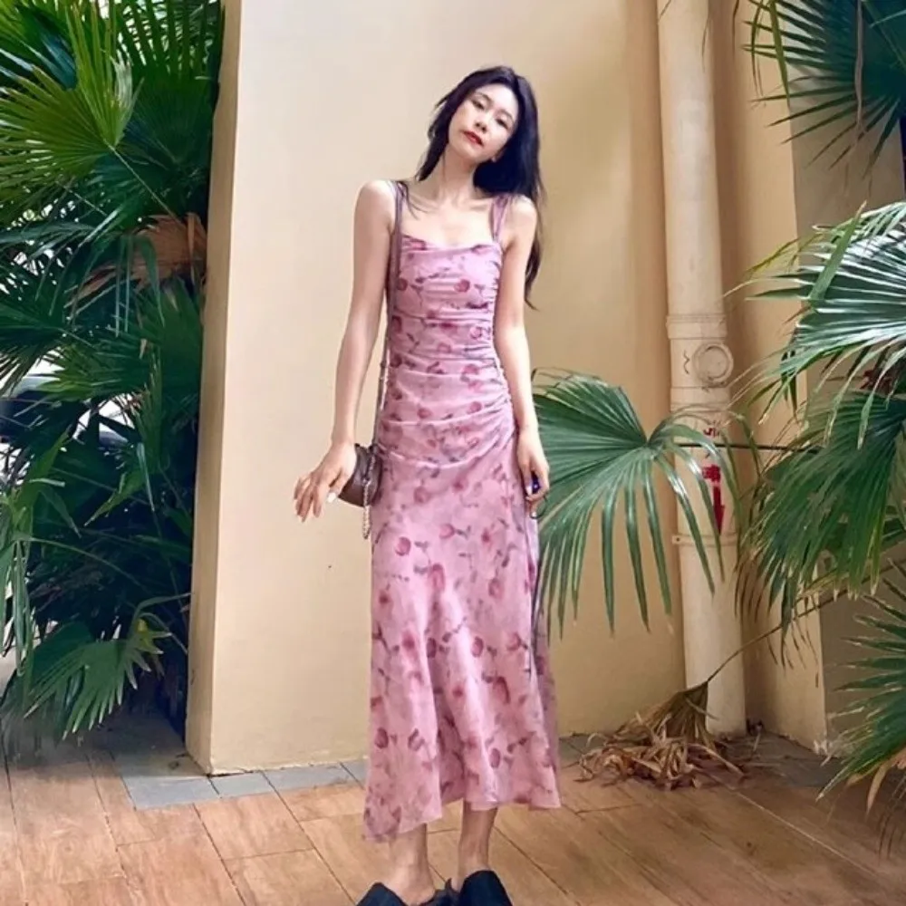 Slim Fit Floral Slim Long Dress Sleeveless Flower Women Long Skirt Spicy Girl Temperament Korean Camisole Dress Vacation Party