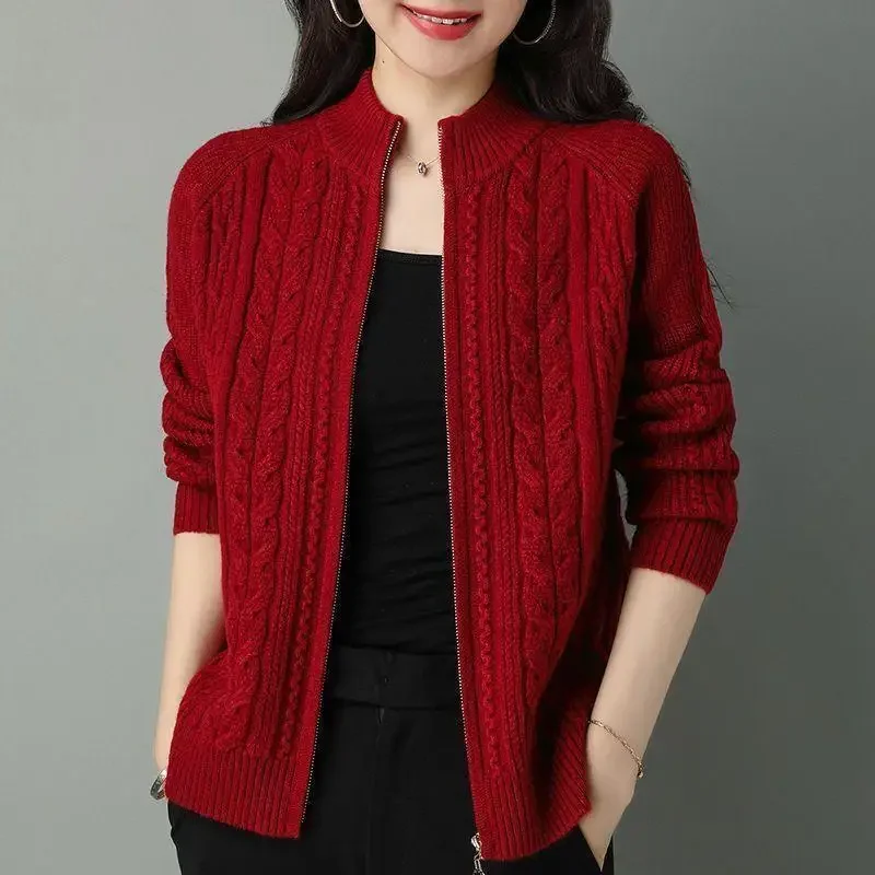 

Half High Collar Zipper Knitted Cardigan Jacket Women Autumn New Style Solid Color Raglan Sleeve Cardigans Thicken Sweater Coat