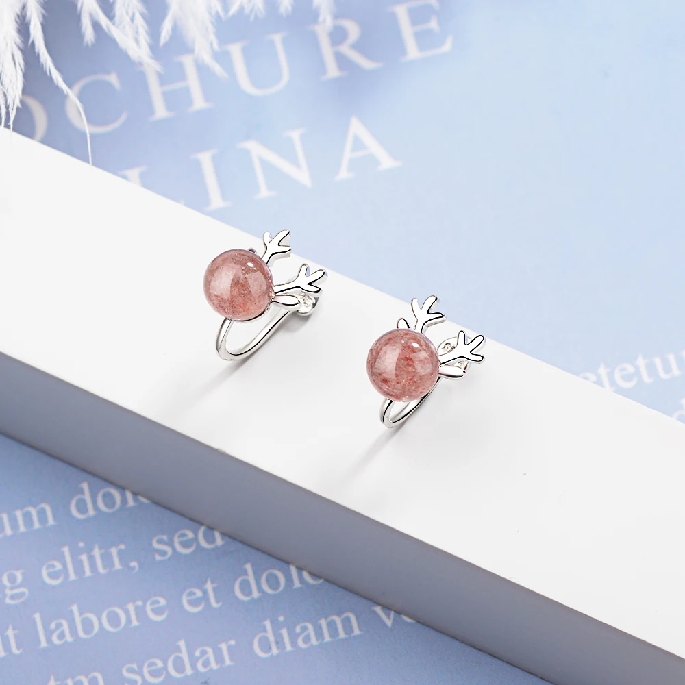 100% 925 sterling silver fragola cristallo corna di cervo polsino dell'orecchio clip su orecchini per le donne ragazza senza gioielli penetranti dell'orecchino