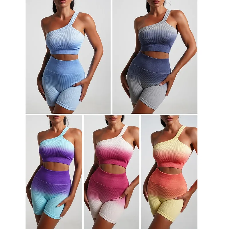 

Seamless Tight Yoga Suit Set Gradient Single Shoulder Bra High Waist Hip Lifting Sports Fitness Running Stretch Two Piece Set
