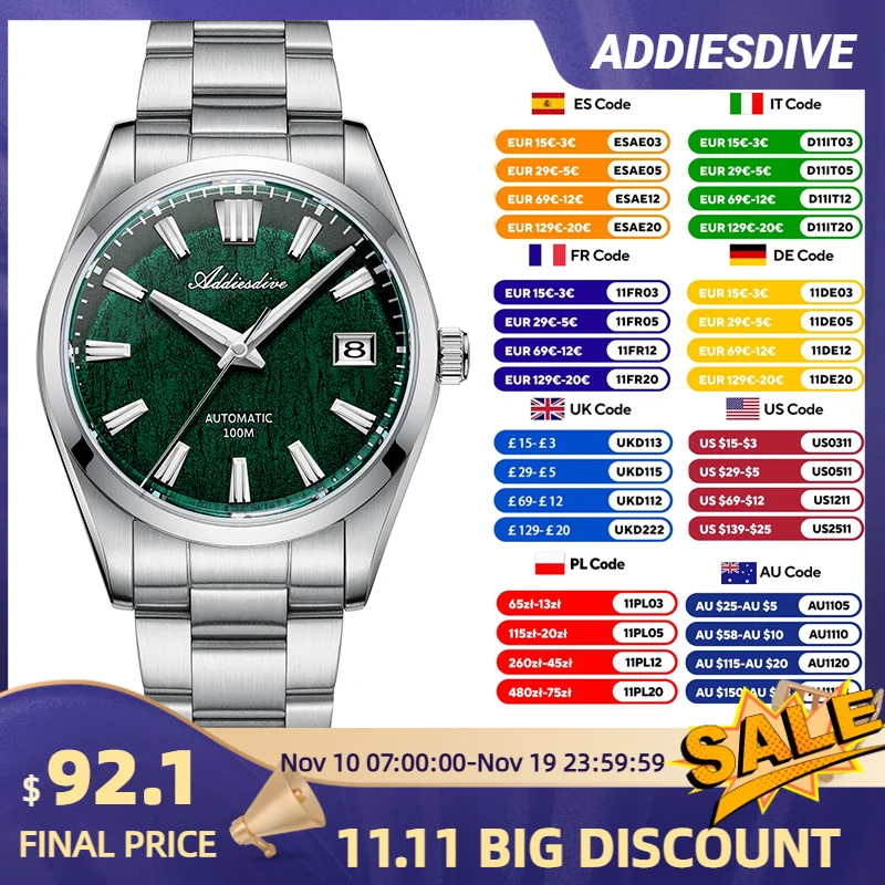 

ADDIESDIVE Men Watch 39mm Fashion Bark Texture Dial Dress Sapphire Automatic Mechanical Watches Waterproof Luminous reloj AD2075