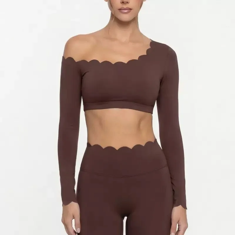Ropa interior deportiva de encaje de manga larga para mujeres con almohadilla en el pecho, ropa deportiva sin hombros, leggings ajustados, ropa activa para entrenamiento