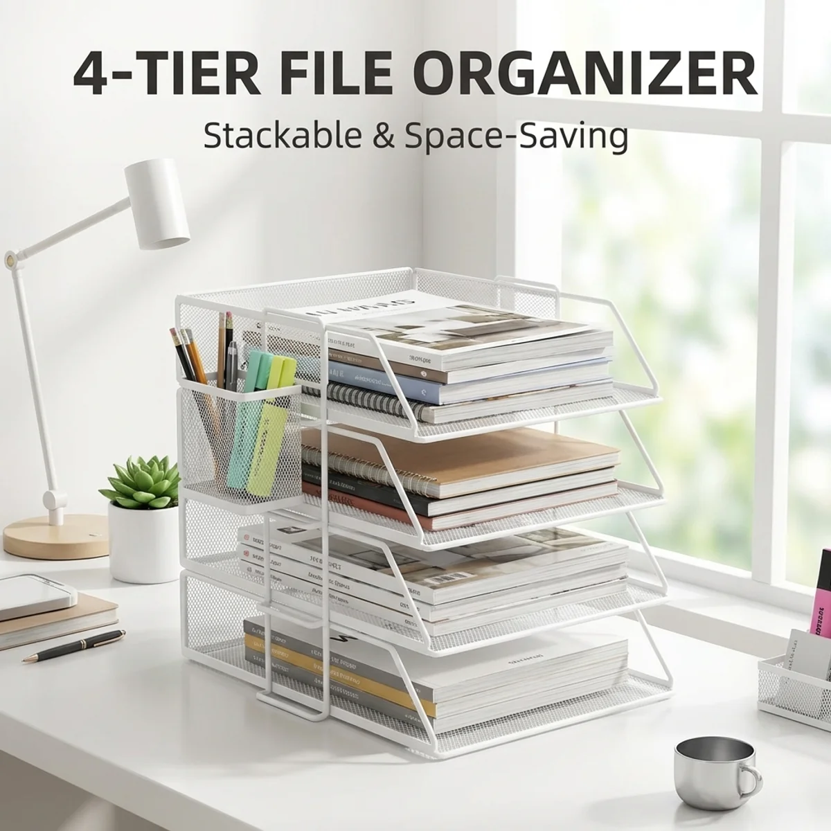 4-Tier Stackable White Mesh File Organizer,Modular Desk Paper Tray with Pen Holder,No Tools Needed,Space Saving for Office