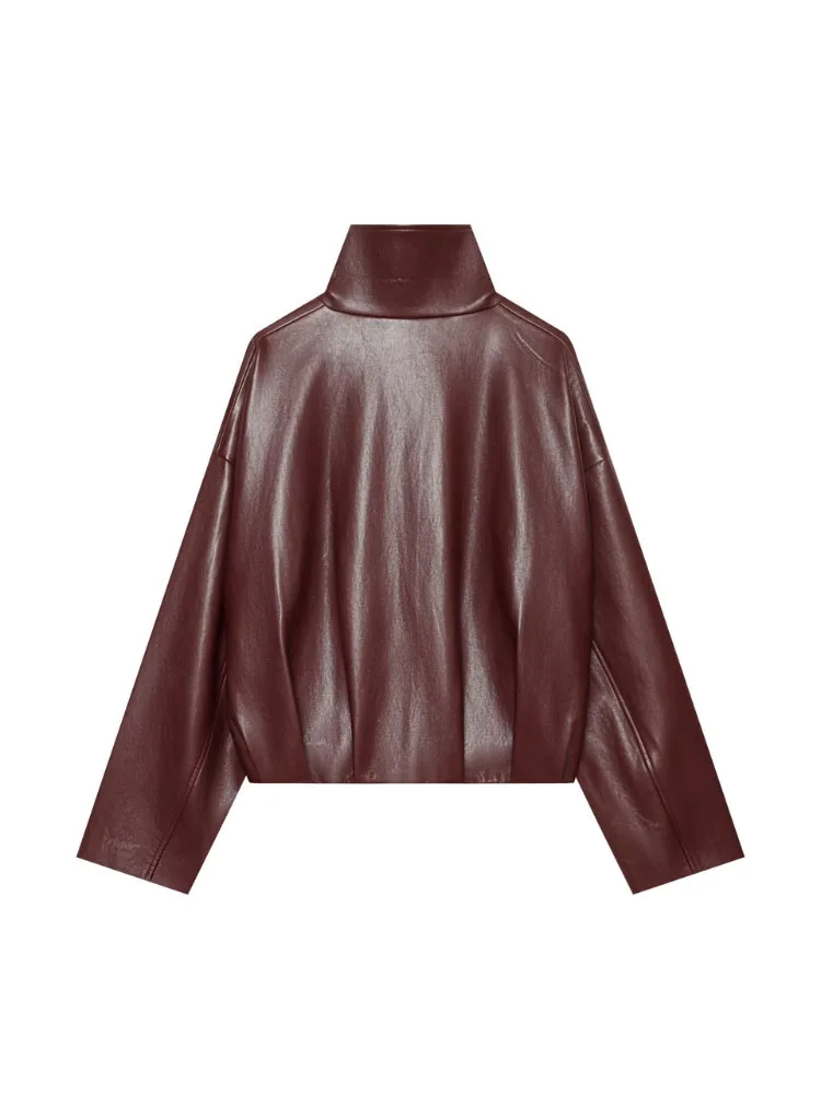 HH Women Spring Autumn Chic Burgundy Faux Leather Stand Collar Zip Up Long Sleeve Cropped Jacket For Brunch Street Casual Daily