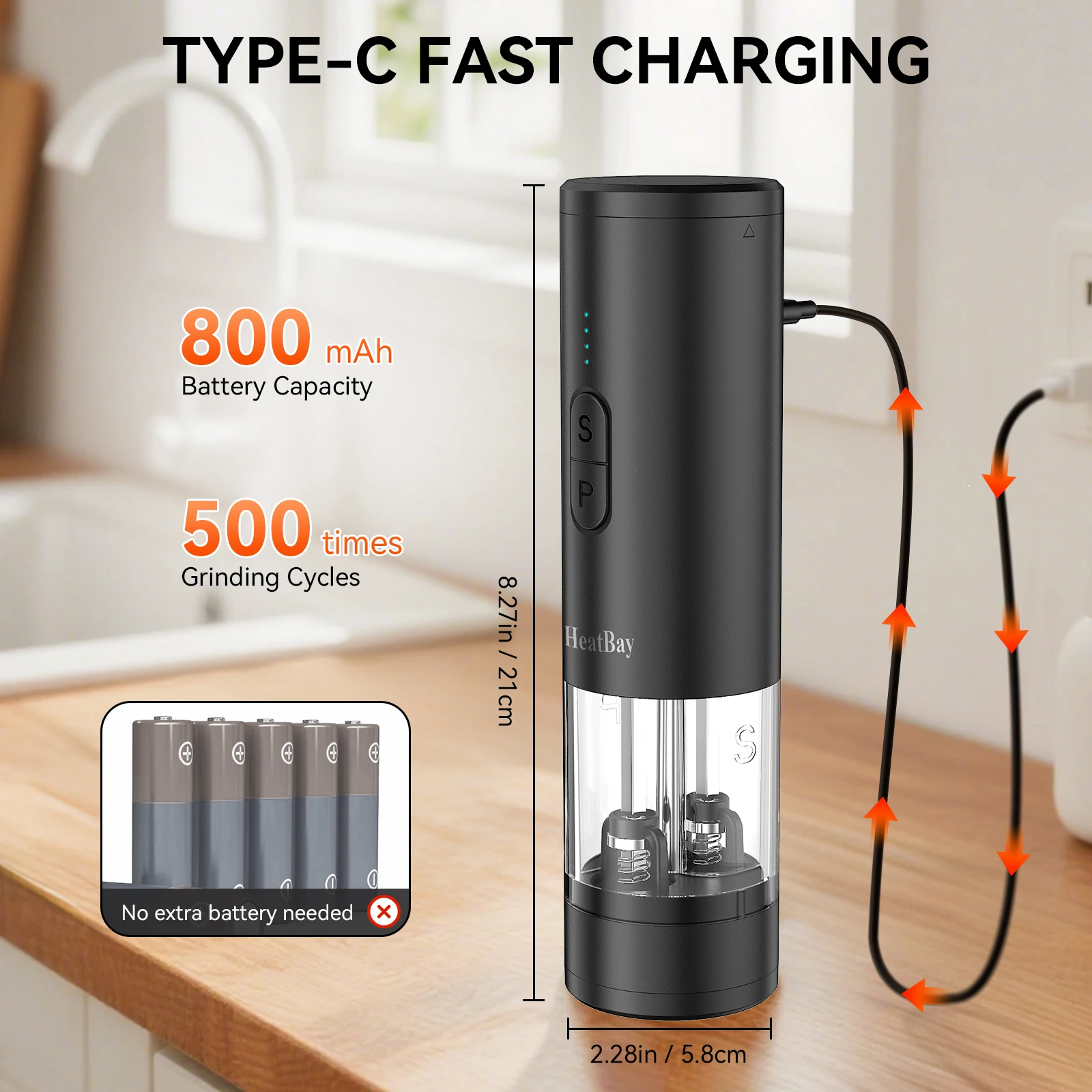 Rechargeable Pepper Grinder, LED Light, Adjustable Coarseness, Designed for One-Handed Cooking, Suitable for Home and Kitchen