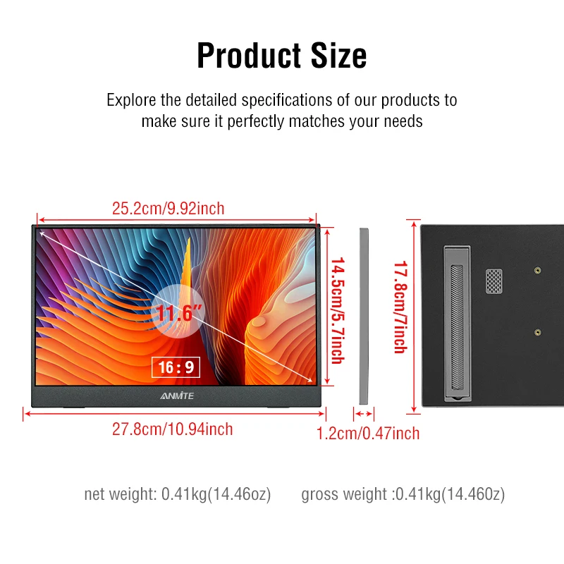 Anmite 11.6 بوصة IPS شاشة محمولة USB TYPE C HDMI للهاتف المحمول سطح المكتب MAC Switch PS4 XBOX