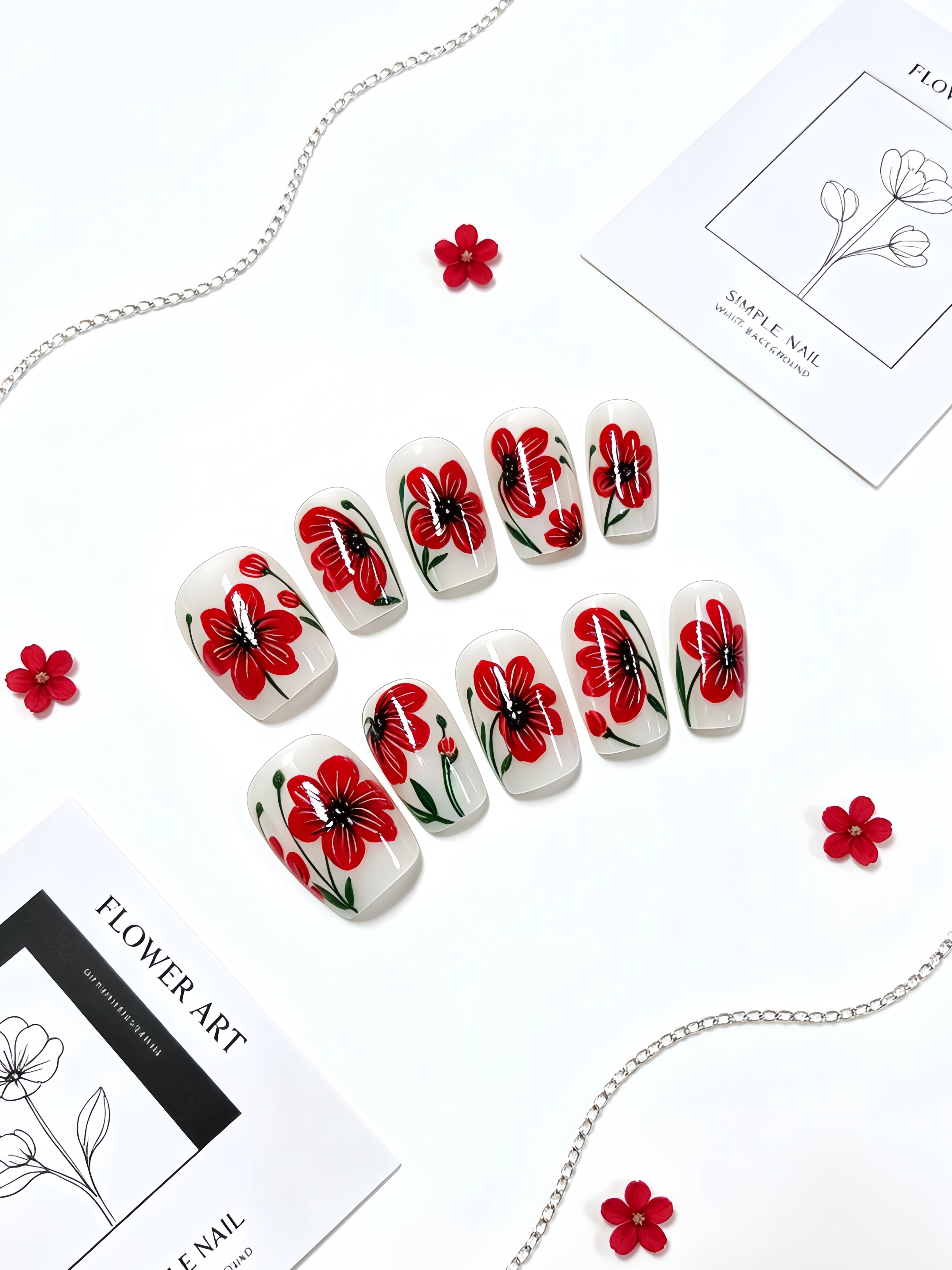10 Short Square-Round Nails, French-Style Milky White with Hand-Painted Red Floral Pastoral Design, Minimalist Ins-Style Picnic Campus Office Afternoon Tea Vibe Press-On Nails, Fresh and Elegant Style, Artistic Photo Shoot Style