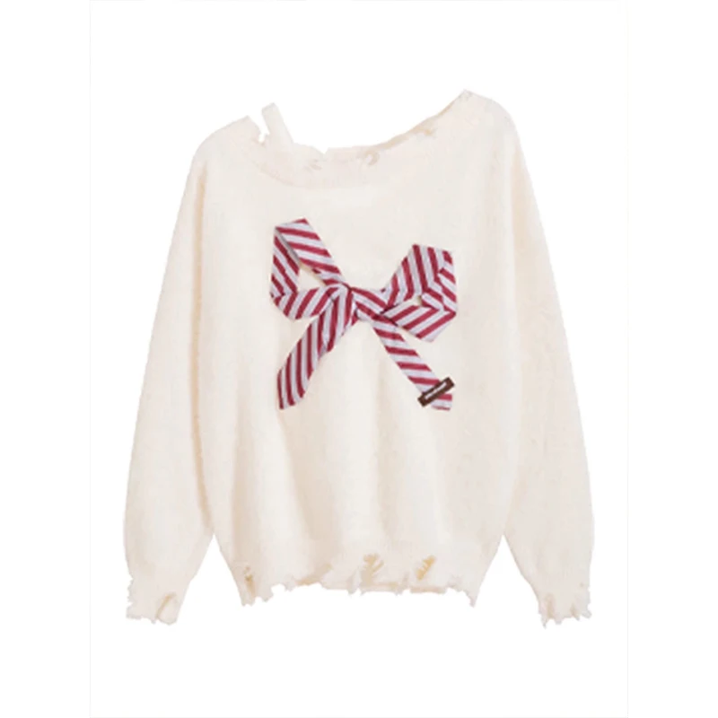 Rajutan Wanita Model One-Shoulder Desain Merah Sensual untuk Awal Musim Semi, Sweater Longgar dengan Eksposur Bahu yang Santai dan Manis