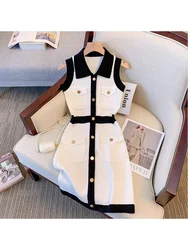 Women Summer Luxury Elegant Patchwork Button Mini Dress 2024 Fashion Turn-Down Collar Contrast Color A-Line Dress Ladies Clothes