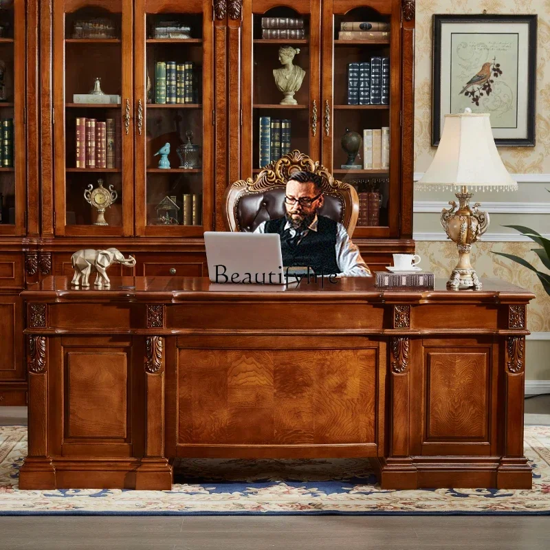 

66.American Retro Desk Villa High-End Study Desk European Solid Wood Boss Desk