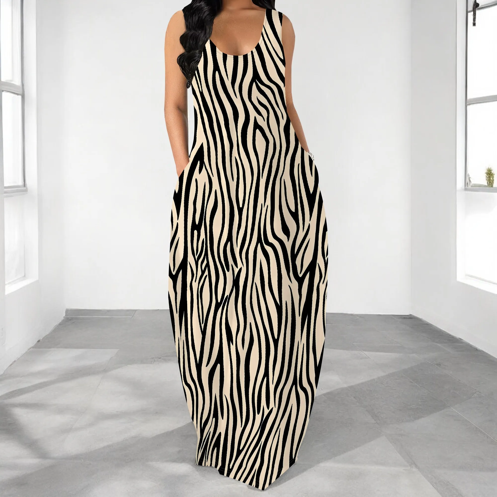 

Plus Size Zebra Print Sleeveless Maxi Dress Women Summer Casual Loose Tank Dress Beach Outfit