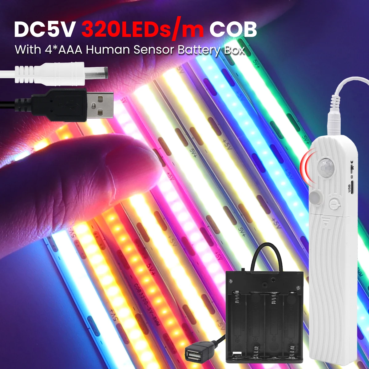 5V Motion Sensor COB Led Strip 8MM PCB USB Battery Box Powered 320LED Induction Night Light Warm White Red Ice Blue Green Yellow