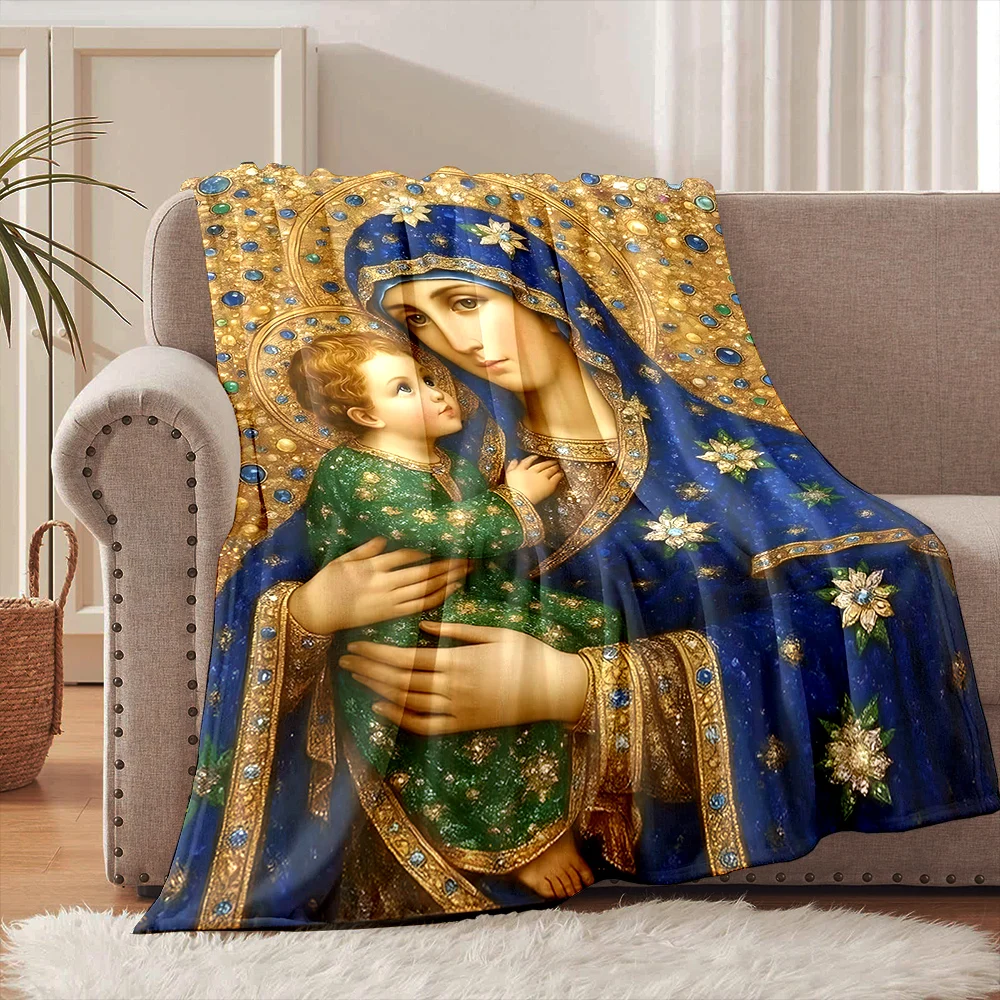 The Virgin Mary in blue robe Faith-printed Flannel Blanket Soft and Warm Suitable for Home Travel Picnics Camping and RV Use