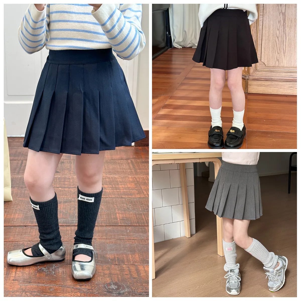 Children's College Style Pleated Skirt Girls' Spring and Autumn Casual Korean Skirt Stylish and Flowing Half Length Skirt