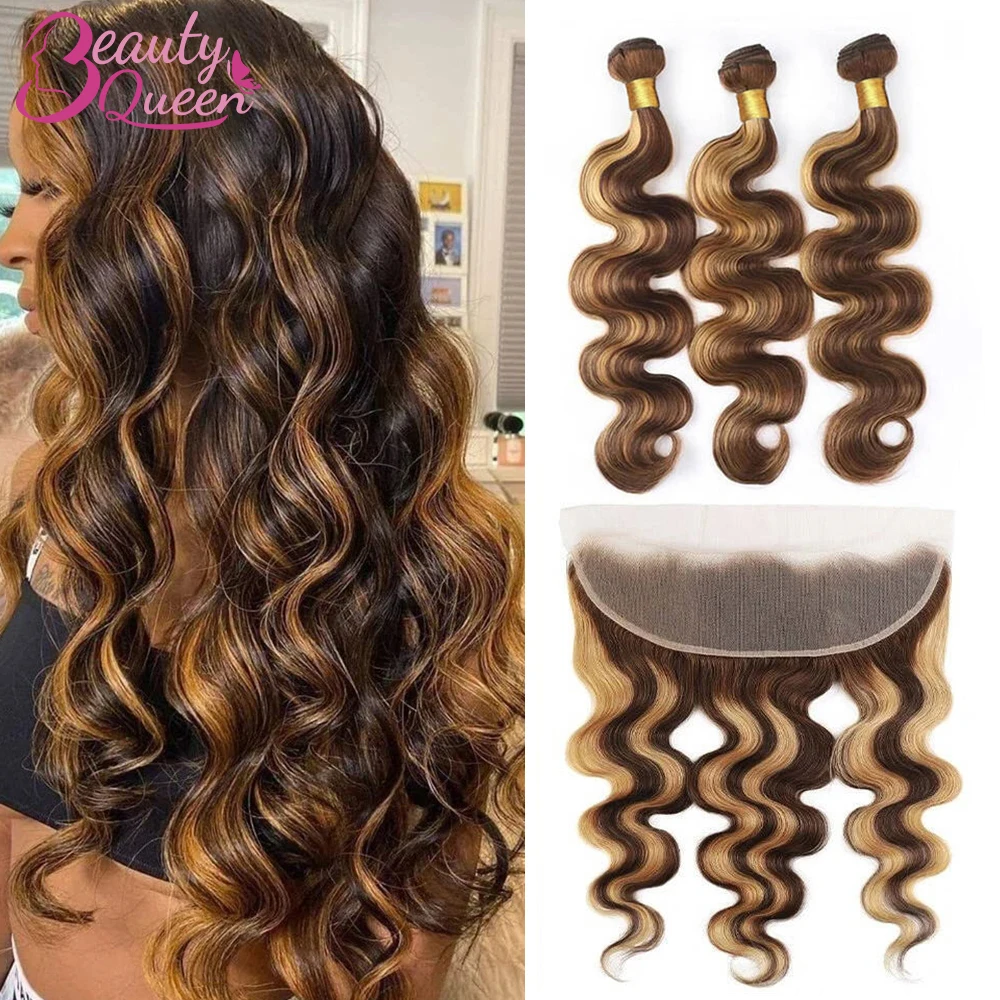 P4/27 Body Wave Bundles With Closure 100% Human Hair Tissage Highlight Brazilian Hair Extensions Bundles With Frontal 13x4 Lace