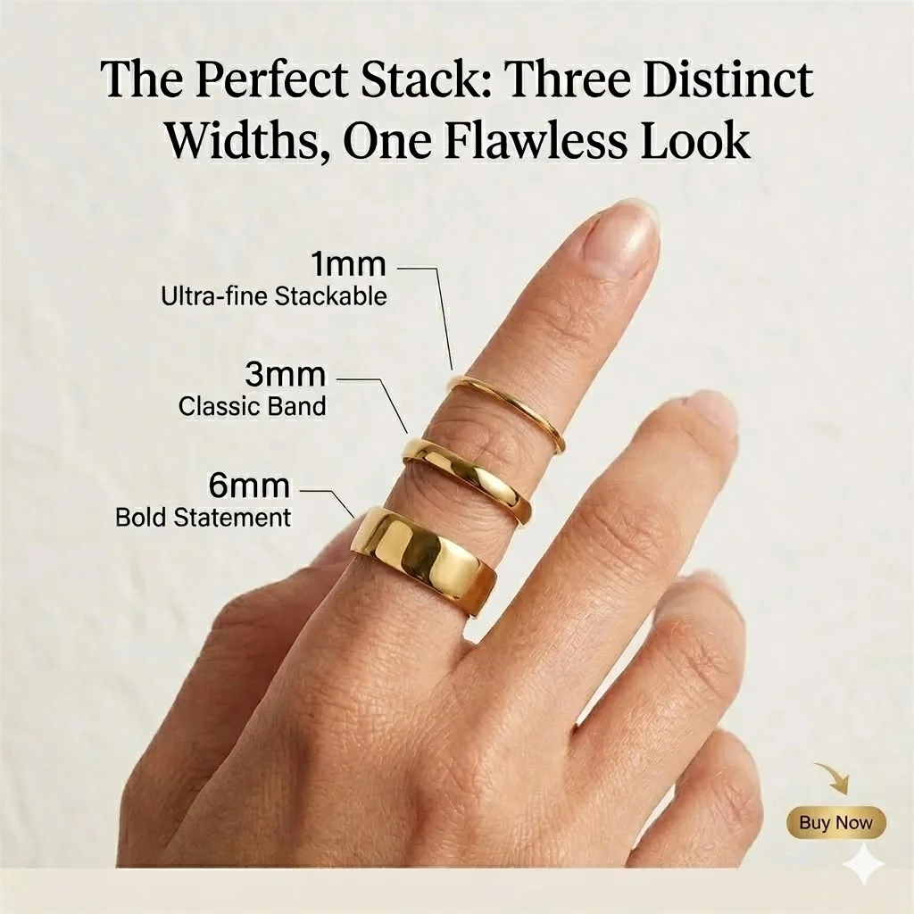 St-Delan 1/3/6mm Couples' Fashionable & Minimalist Smooth-Finish Ring — Stainless Steel, Plain 18K Gold Plated Jewelry