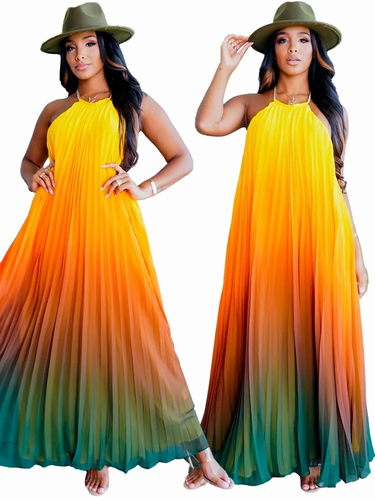 Summer Cover Ups Women Swimsuit Halter Sleeveless Robes Bathing Suit 2022 New Gradient Print Beach Holiday Maxi Dresses Cover-Up