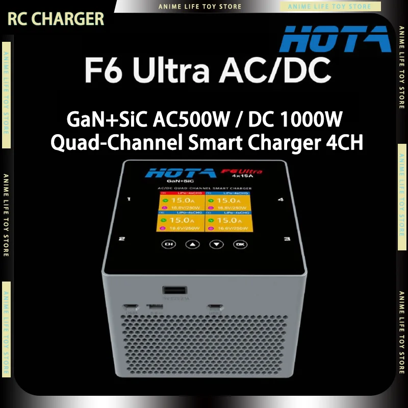 

HOTA F6 Ultra GaN+SiC Quad-Channel Smart Charger AC / DC 1000W 4CH Balance Charger For RC Airplane，Fixed Wing，Drones Boy Gifts