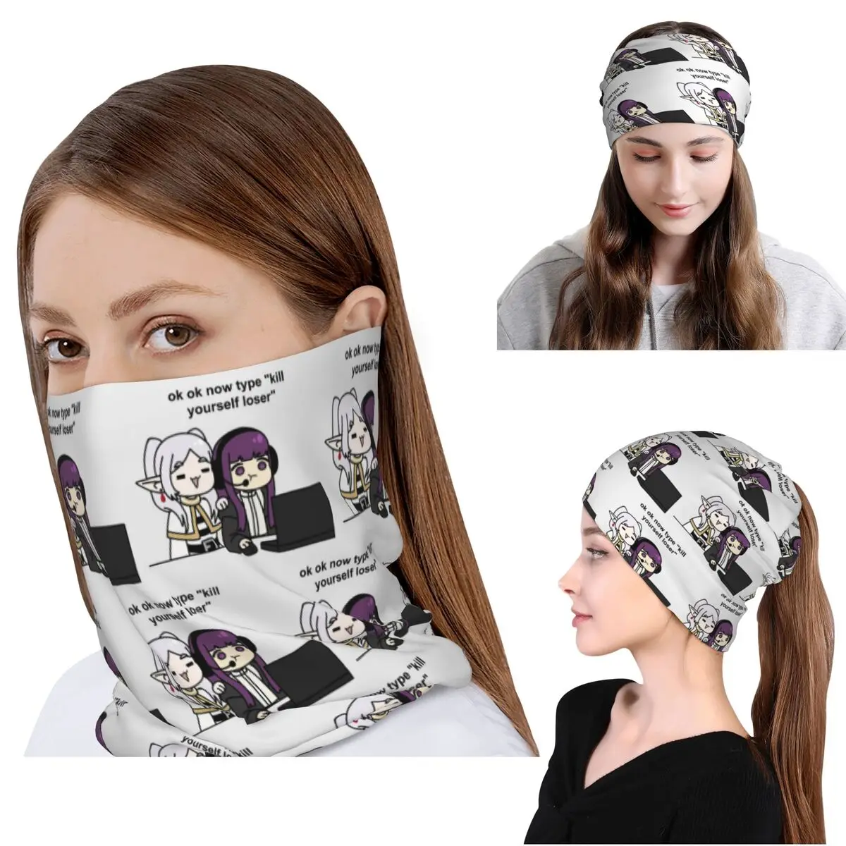 Gamer Fern And Frieren Classic Bandana Neck Cover Wrap Mask Scarf Multifunction Face Mask Beanies Hat for Men Women All Season