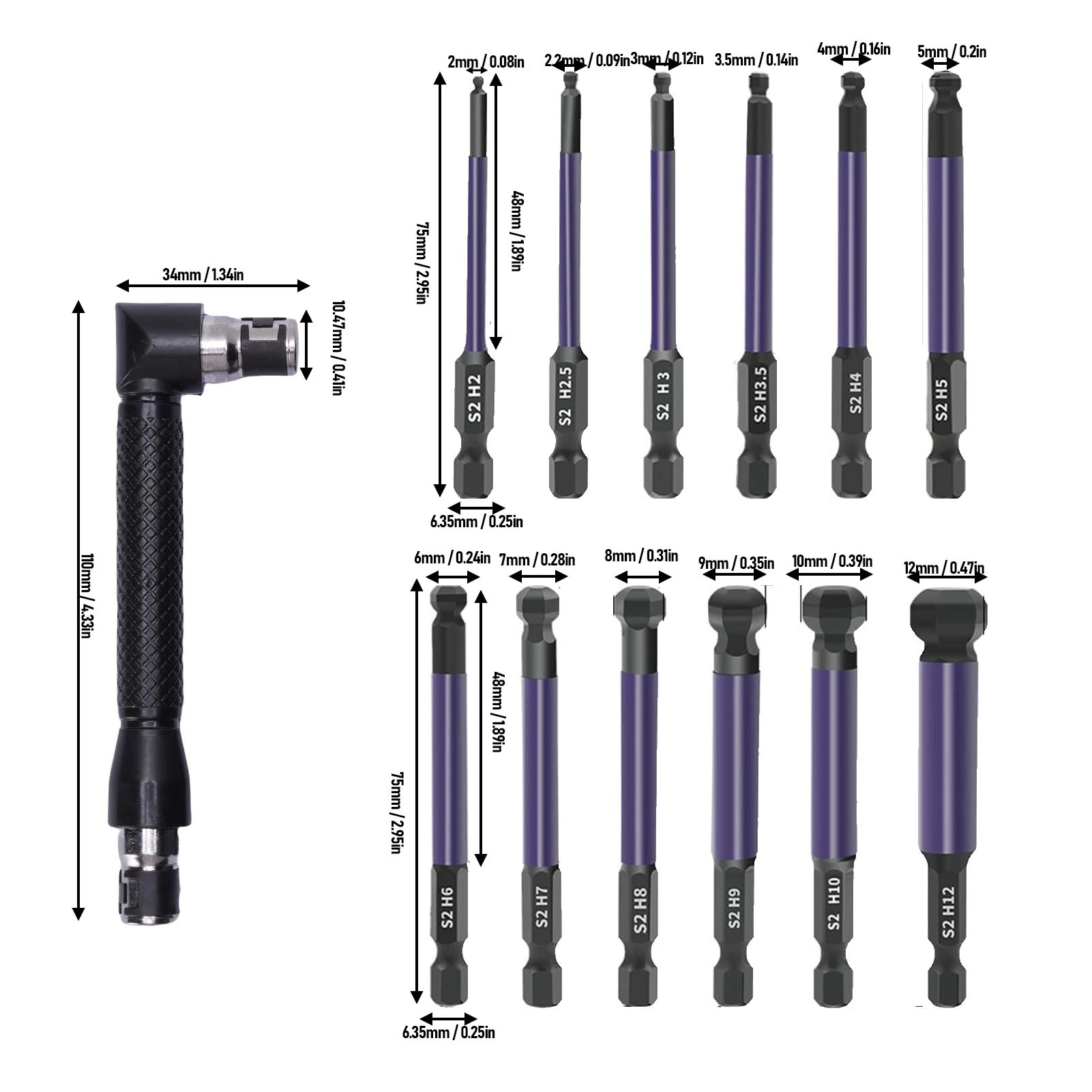 12 Pcs Ball End Hex Head Drill Bit 1/4in Hex Shank S2 Alloy Steel Set with Storage L Angle Wrench Purple Sleeve