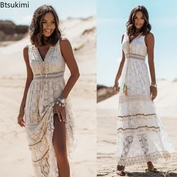 Women's Summer Boho Long Dress Lace V Neck Spaghetti Strap Dress Lady Off Shoulder Beach Sundress White Dress Vestidos De Mujer