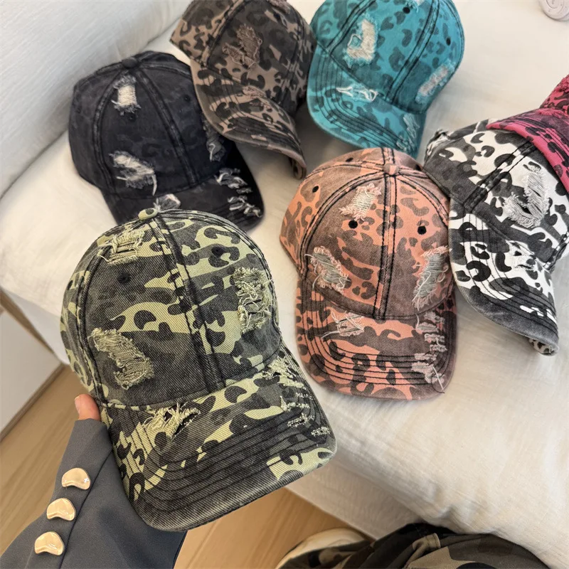 Customized Printed Logo Leopard Print Camouflage Baseball Caps Men And Women Retro Washed Break Hole Sun Shading Duck Tongue Hat view 2