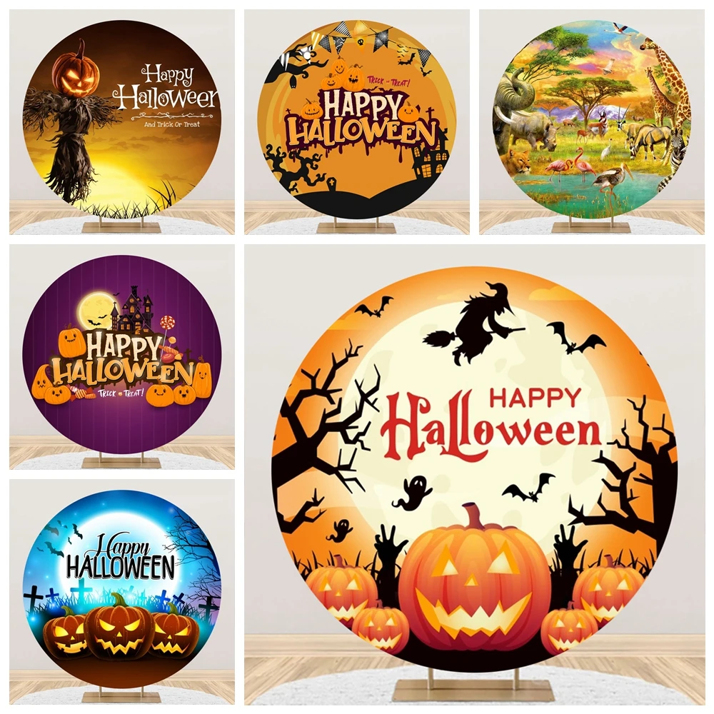 

Happy Halloween Orange Moon Backdrop For Photography Lantern Castle Cemetery Birthday Party Round Background for Adults Kids