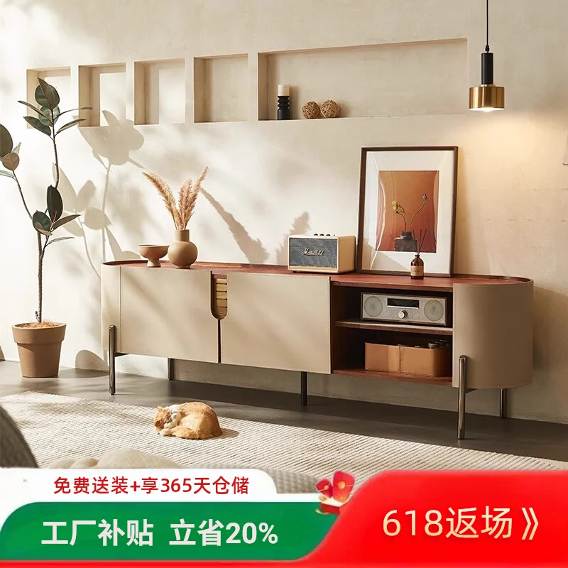 

TV cabinet coffee table combination living room designer modern minimalist saddle leather rounded corner locker floor cabinet