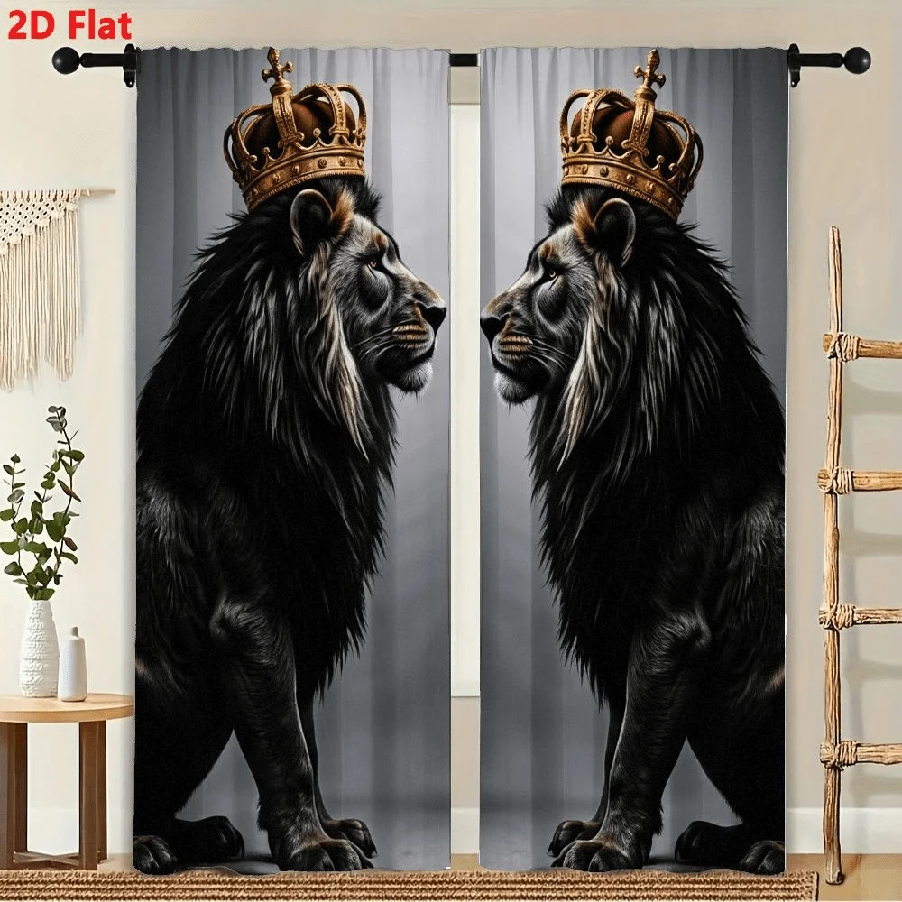 

2Pcs Curtains, Two Golden Crowns Majestic Male Lions Pattern Window Drapes For Bedroom Room Decor Decoration Window Treatment. ﻿