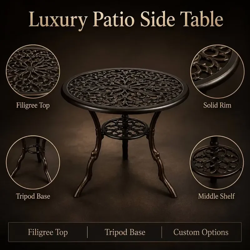 80cm Round Outdoor Side Table Antique Bronze Cast Aluminum Lily Pattern Filigree Decoration Weathering Patio Garden Furniture