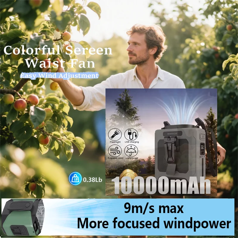 【8000mAh】Waist Fan Portable Hanging Neck Fan Mini Outdoor Camping Waist Clip Fan With Power Bank LED Light Rechargeable Fan