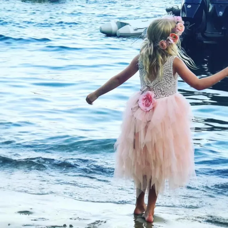 New Summer Kids Girl Princess Dress Sleeveless Lace Open Back Ruffle Tulle Tutu Children Wedding Party Formal Dresses A0001-1 image 3