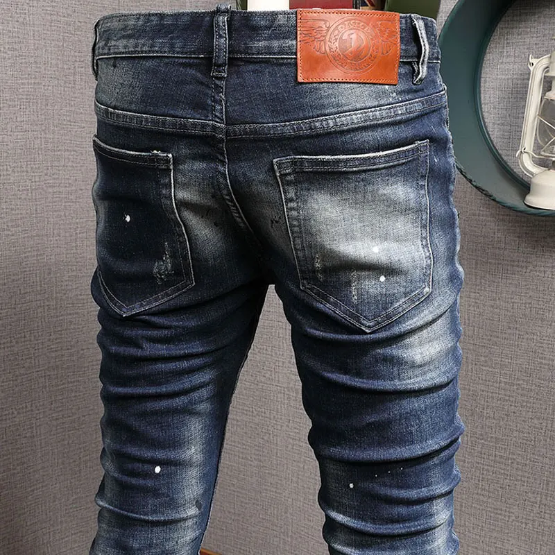 Street Fashion Men Jeans Retro Black Blue Elastic Stretch Slim Fit Vintage Ripped Jeans Patched Designer Hip Hop Denim Pants Men
