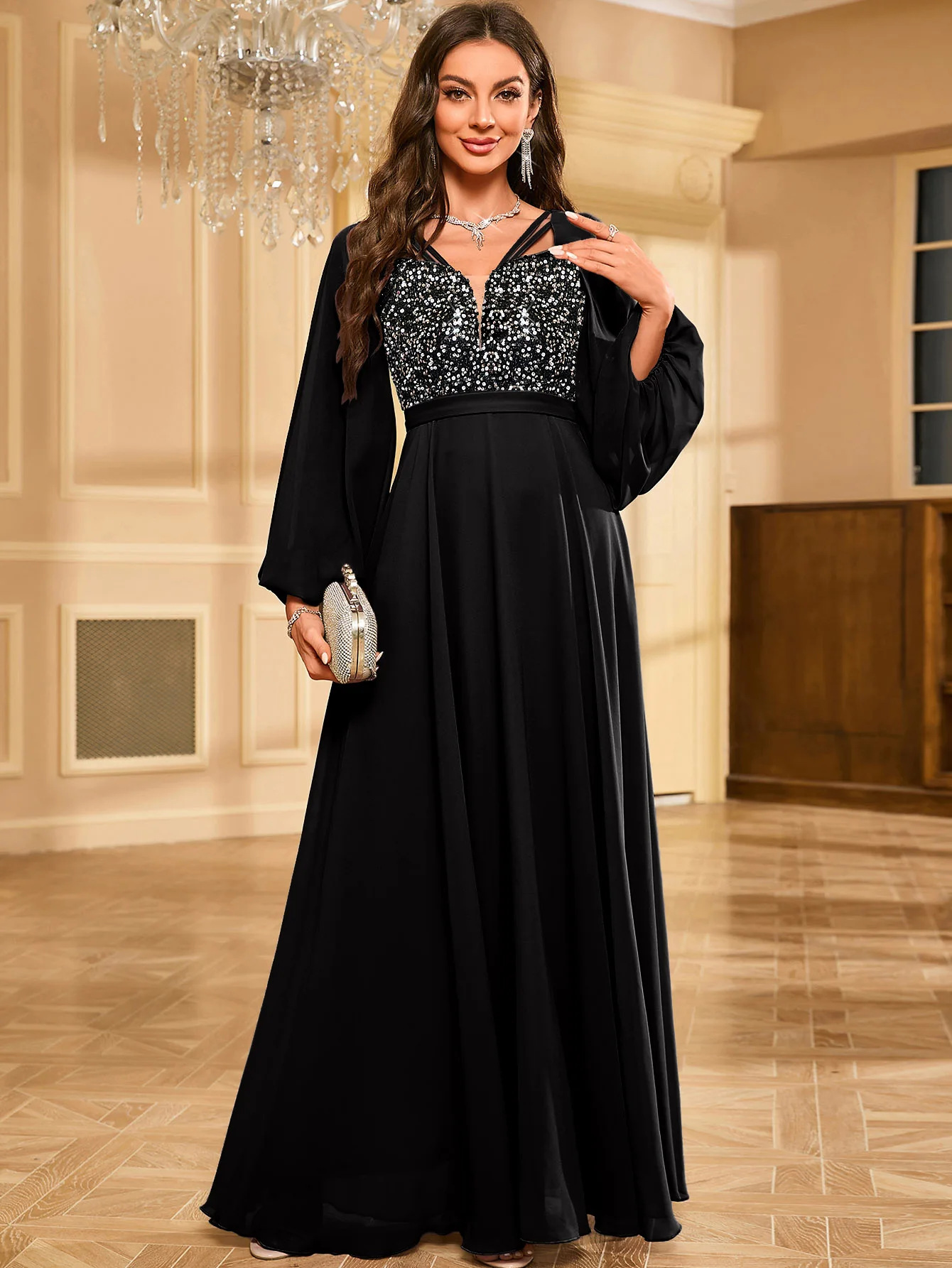 

Женское вечернее платье UNITHORSE с блестками и рукавами-фонариками, элегантное, для вечеринок, свадеб и торжественных мероприятий