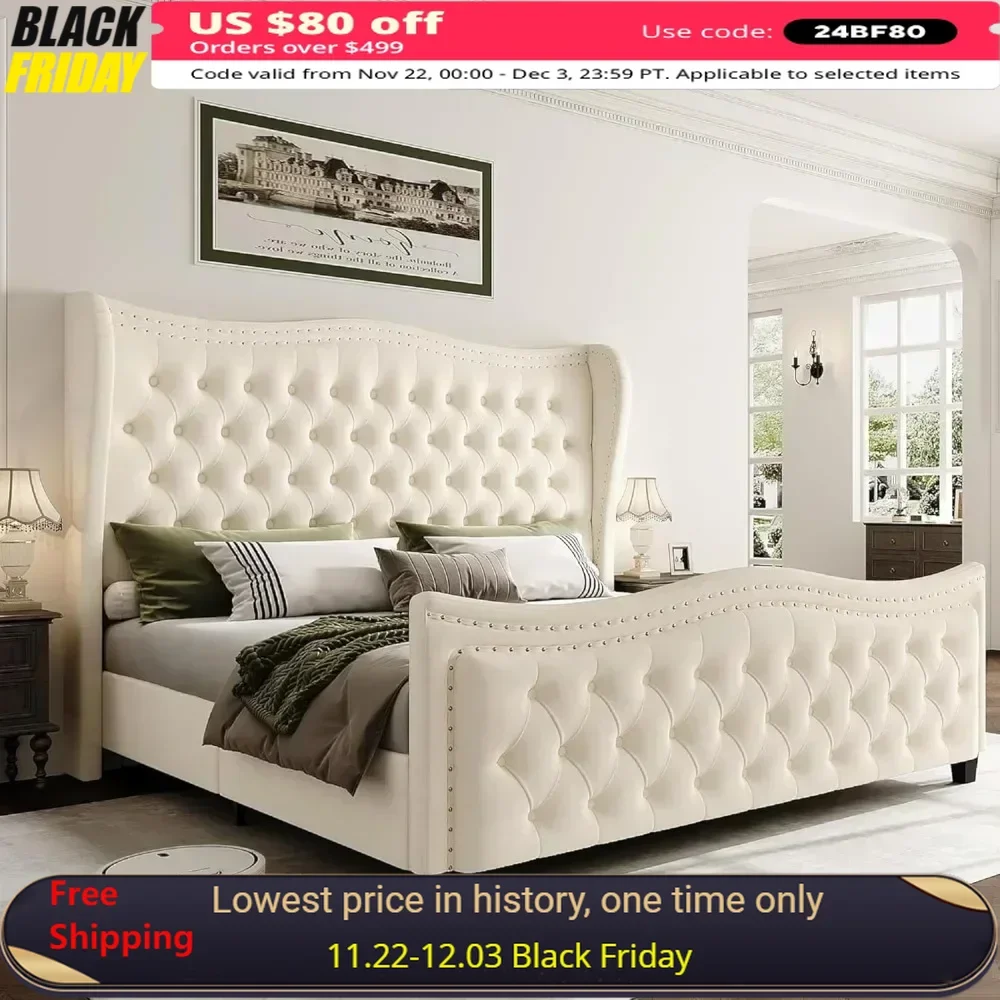 55 Inch King Size Bed Frame and Headboard, King Size Bed Bedroom Furniture Set, Bohemian Style Queen Bed Frame