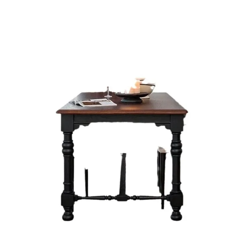 

American solid wood dining table and chairs French retro light luxury black rectangular table living room home dining table