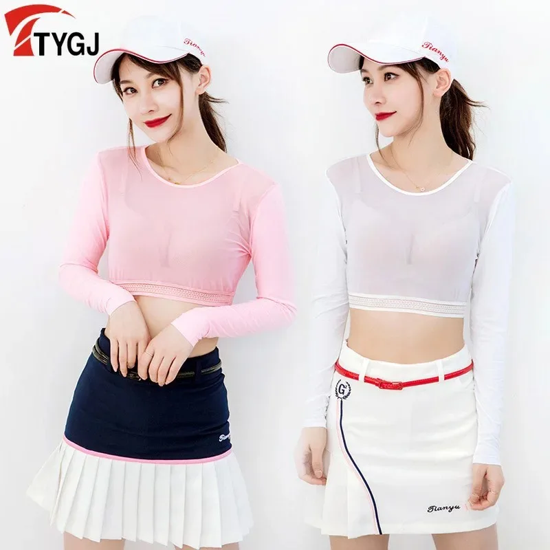 Summer Women Thin Golf Shirt Outdoor Clothes Cropped Tops with Anti-Uv tennis Long Sleeve Ice Silk Bottoming Golf Wear Ladies