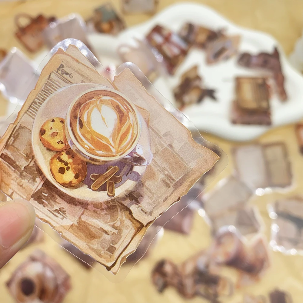50pcs Vintage Cafe Transparent PET Stickers Decals For Laptop Luggage Skateboard Scrapbook DIY Aesthetic Stickers Creative Gifts