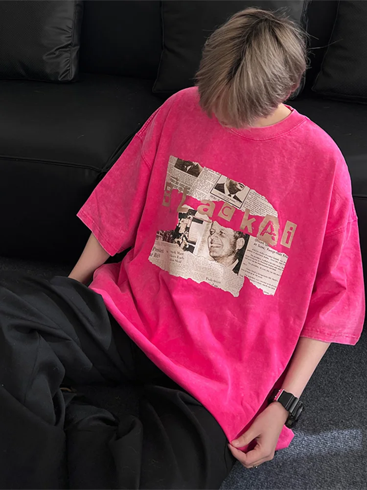 

Мужская летняя футболка с коротким рукавом цвета драконьего фрукта, модный американский бренд, уличный стиль, плотность 400 г/м²