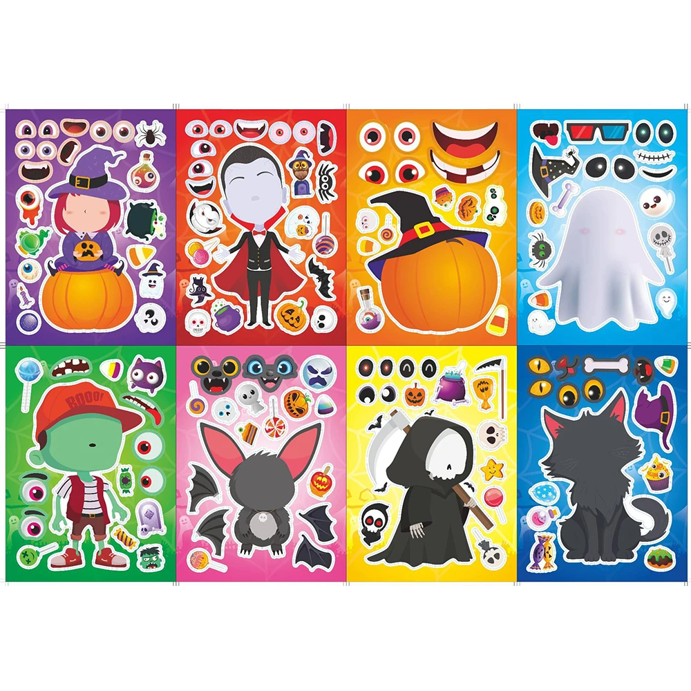 8/16Sheets Children DIY Puzzle Stickers Horror Halloween Decoration Cute Ghost Vampires Bat Decals Kids Jigsaw Toys Party Gifts