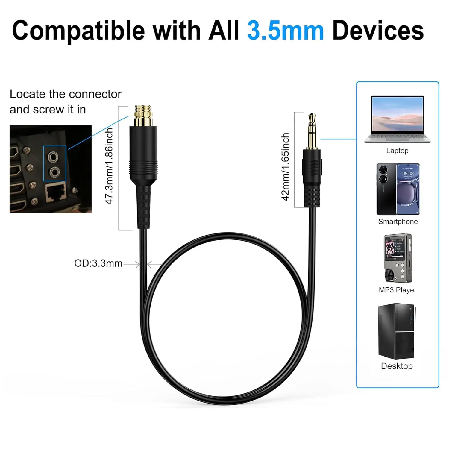 DC 3.5mm 3-Pole Stereo Male to Female With Nut Audio Cable, Screw and Lock Fixed Gold-Plated Nickel Plated Audio Head 35cm 80cm