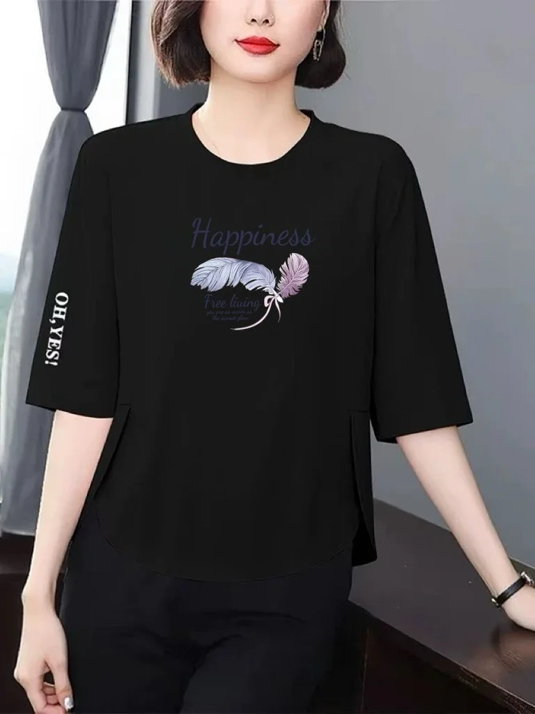 

Модная женская футболка с принтом для мам, с рукавом 7/8, свободного кроя, скрывающая живот, омолаживающая, универсальная, для женщин среднего возраста