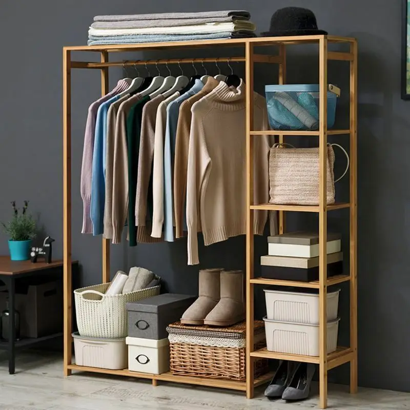 

Bamboo Wood Clothing Garment Rack with Shelves Clothes Hanging Rack Stand for Child Kids Adults Cloth Shoe Coat